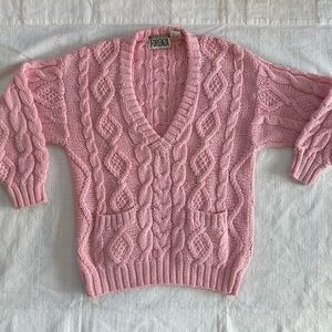 VTG 1980s Forenza Chunky Cable Knit V-Neck Sweater S-M Pink Tennis Prep Academia